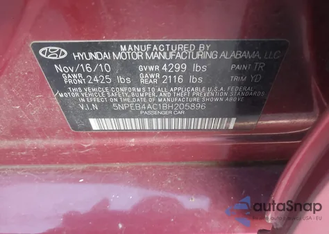 2011 Hyundai Sonata Gls z USA, uszkodzony, nr VIN 5NPEB4AC1BH205896